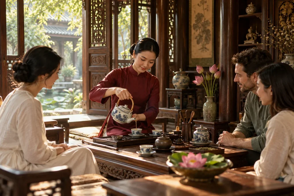 Nghi thức trà đạo Việt trong không gian gỗ truyền thống