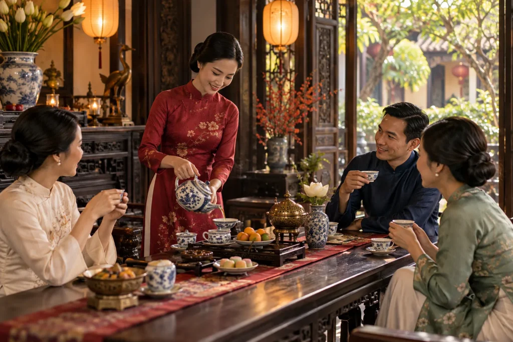 Tiệc trà văn hóa với bàn trà dài và ánh đèn ấm