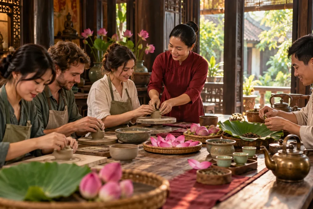Workshop văn hóa với nghệ nhân hướng dẫn làm gốm và trà sen