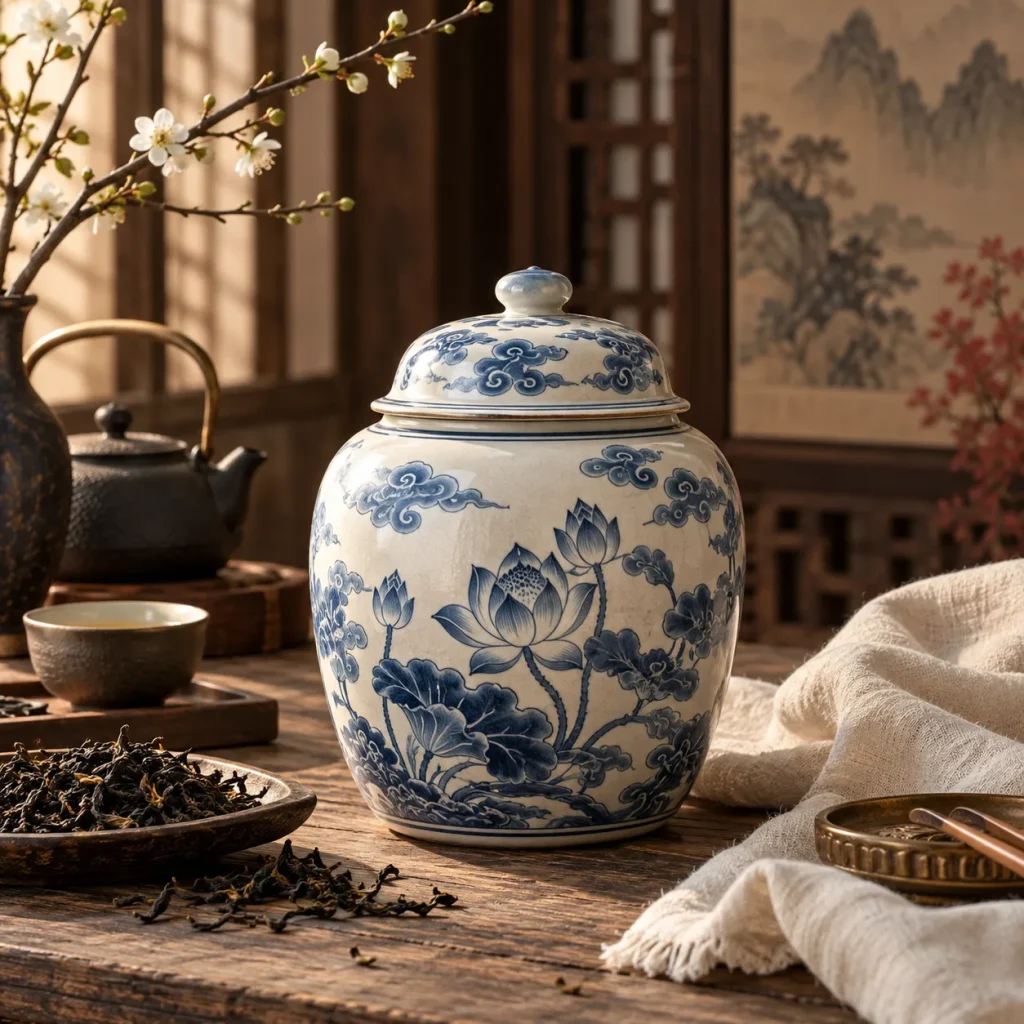 Hũ gốm Bát Tràng men lam dùng đựng trà