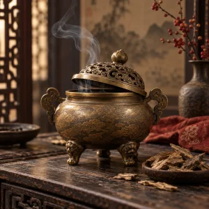 Lư xông trầm bằng đồng chạm họa tiết mây cổ