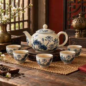 Bộ ấm chén gốm Chu Đậu men tro trấu