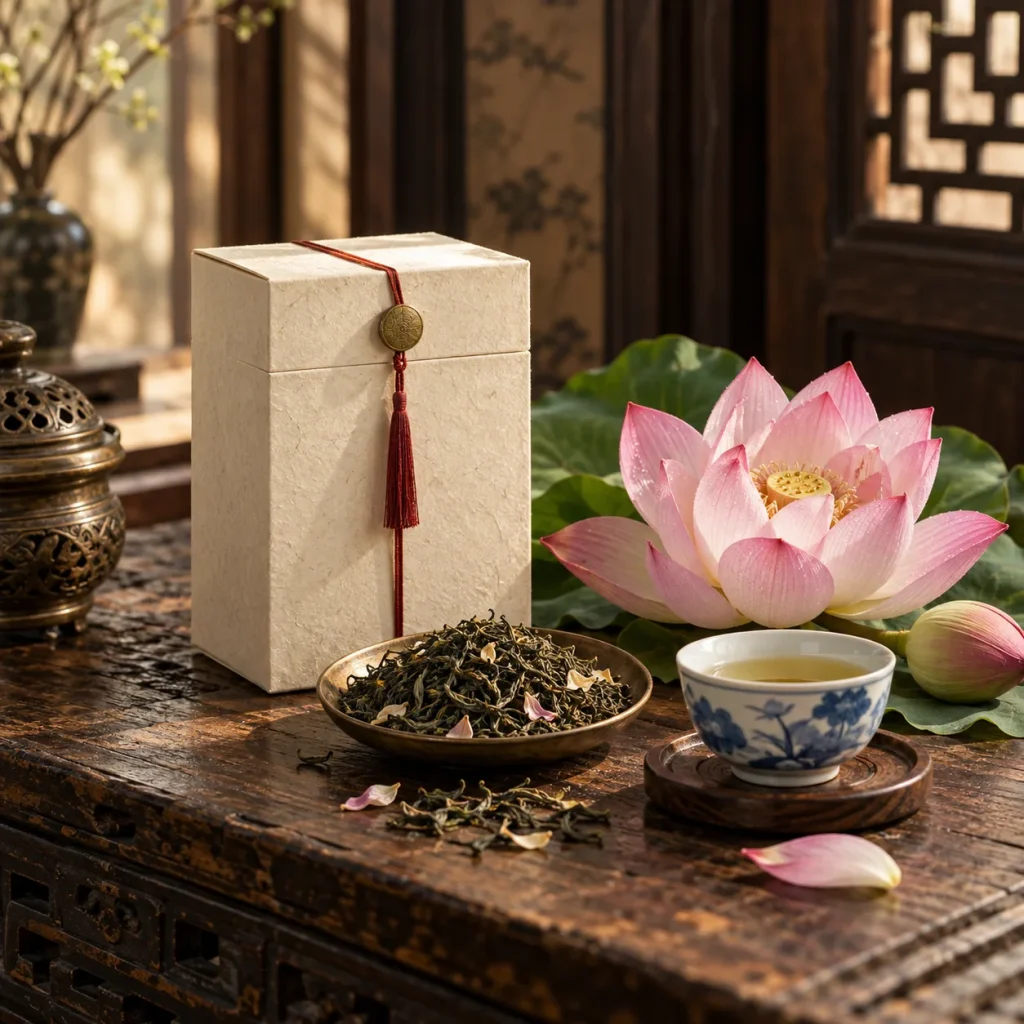 Trà sen Tây Hồ Bách Diệp bên hoa sen và chén trà men lam